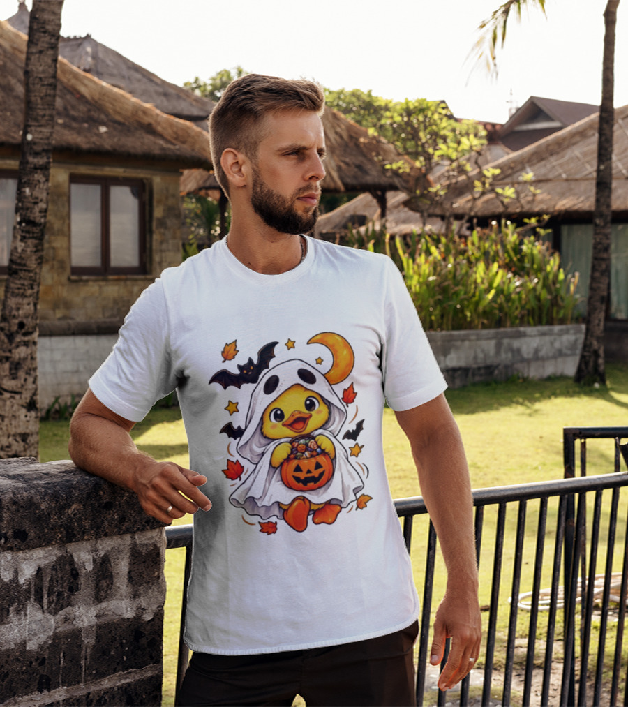 Ghost Ducking With Halloween Pumpkin Candy Bucket Bat Moon And Stars T-Shirt