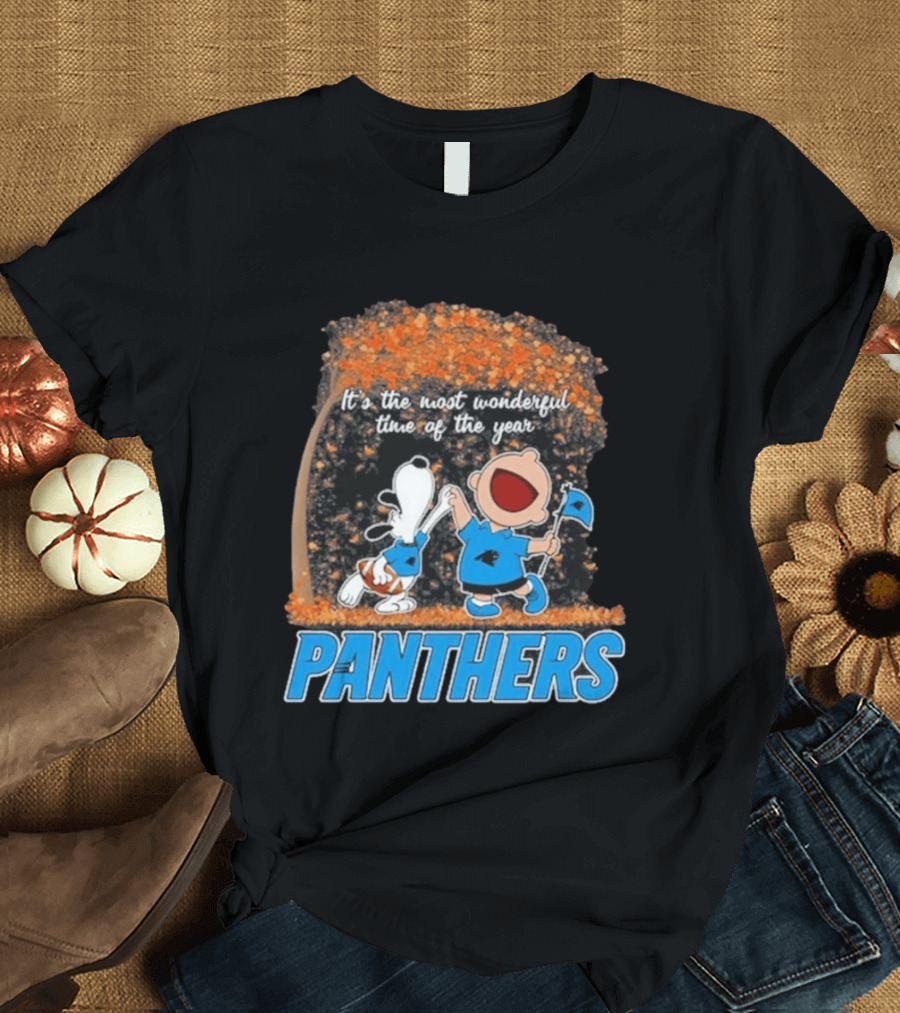 Carolina Panthers Snoopy Charlie Brown Dancing It's The Most Wonderful Time Of The Year 2026 T-Shirt