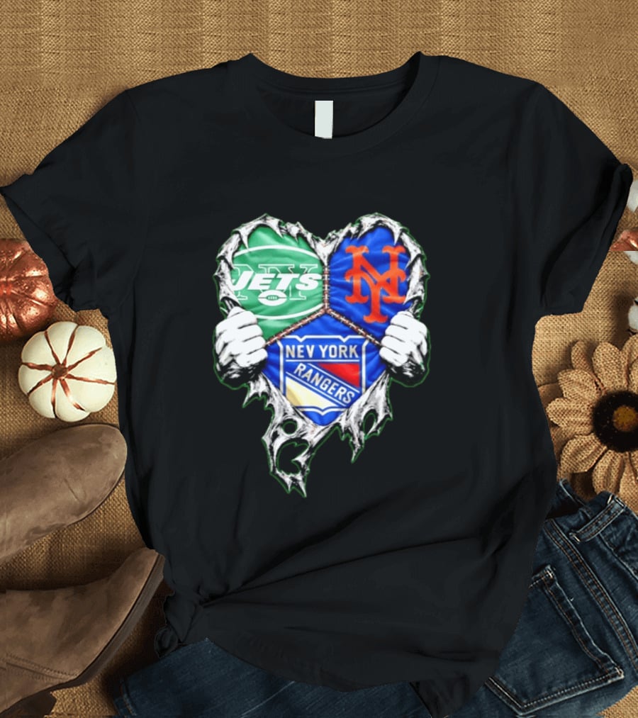 New York Jets Mets Rangers Heart Mashup Scratch T-Shirt