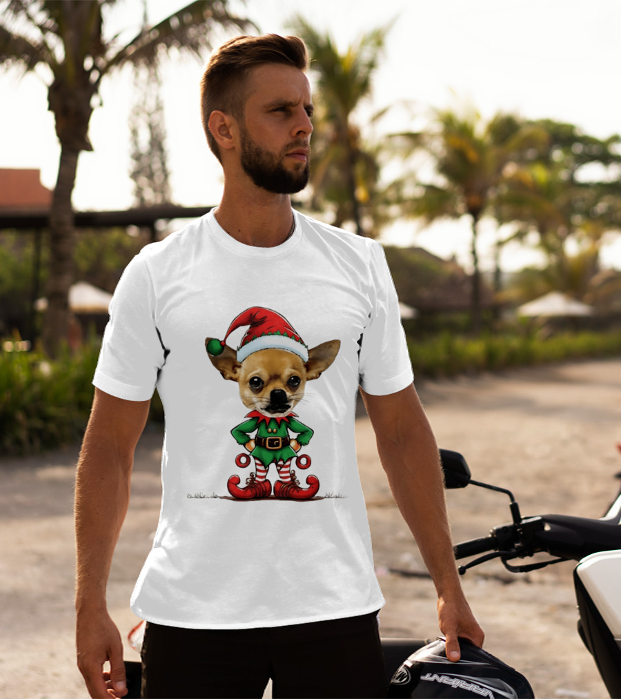 Chihuahua Elf Christmas 2026 Humor Meme Festive Dog In Santa Hat And Green Elf Outfit T-Shirt