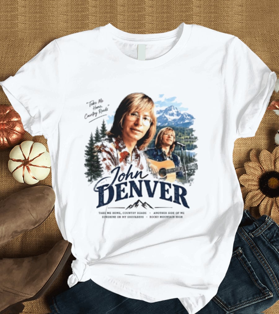 John Denver Take Me Home Country Roads Lyrics Mountains Forest Guitar Scene T-Shirt