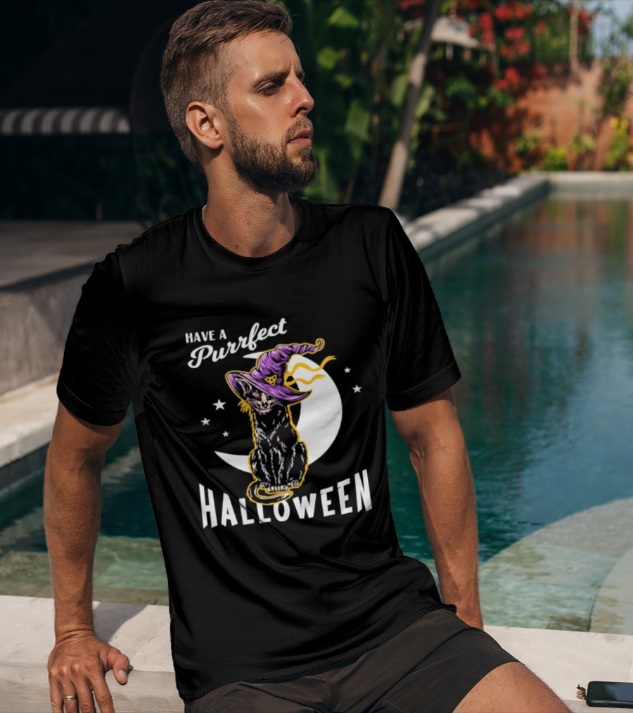 Have A Purrfect Halloween Black Cat And Moon With Witch Hat T-Shirt
