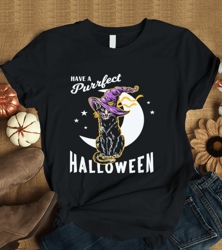 Have A Purrfect Halloween Black Cat And Moon With Witch Hat T-Shirt