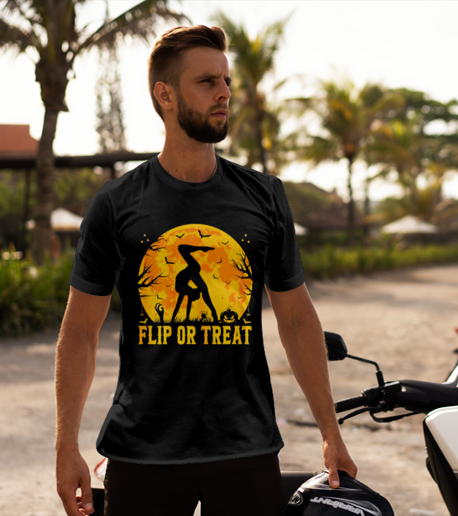 Flip Or Treat Halloween Gymnastics Moon Silhouette Spooky Pumpkin T-Shirt