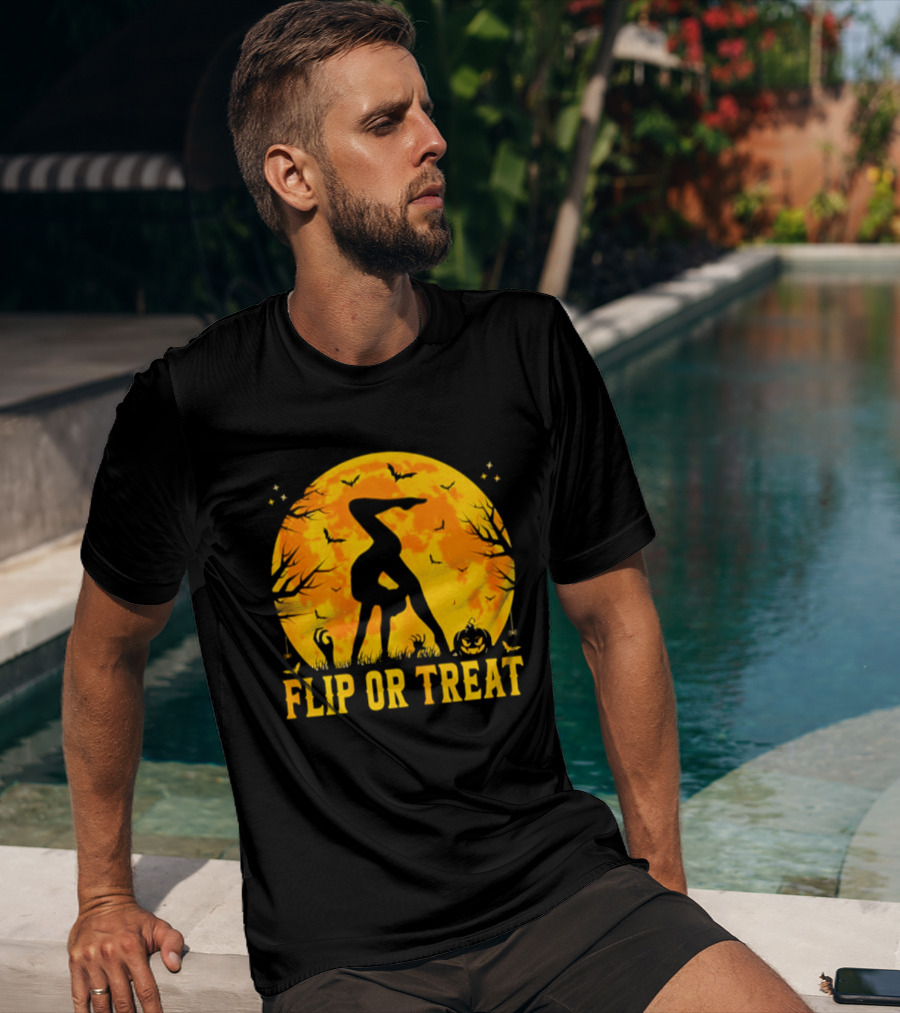 Flip Or Treat Halloween Gymnastics Moon Silhouette Spooky Pumpkin T-Shirt
