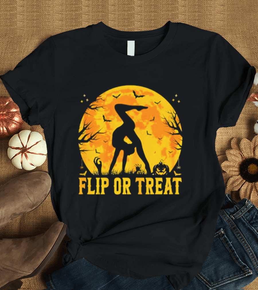 Flip Or Treat Halloween Gymnastics Moon Silhouette Spooky Pumpkin T-Shirt
