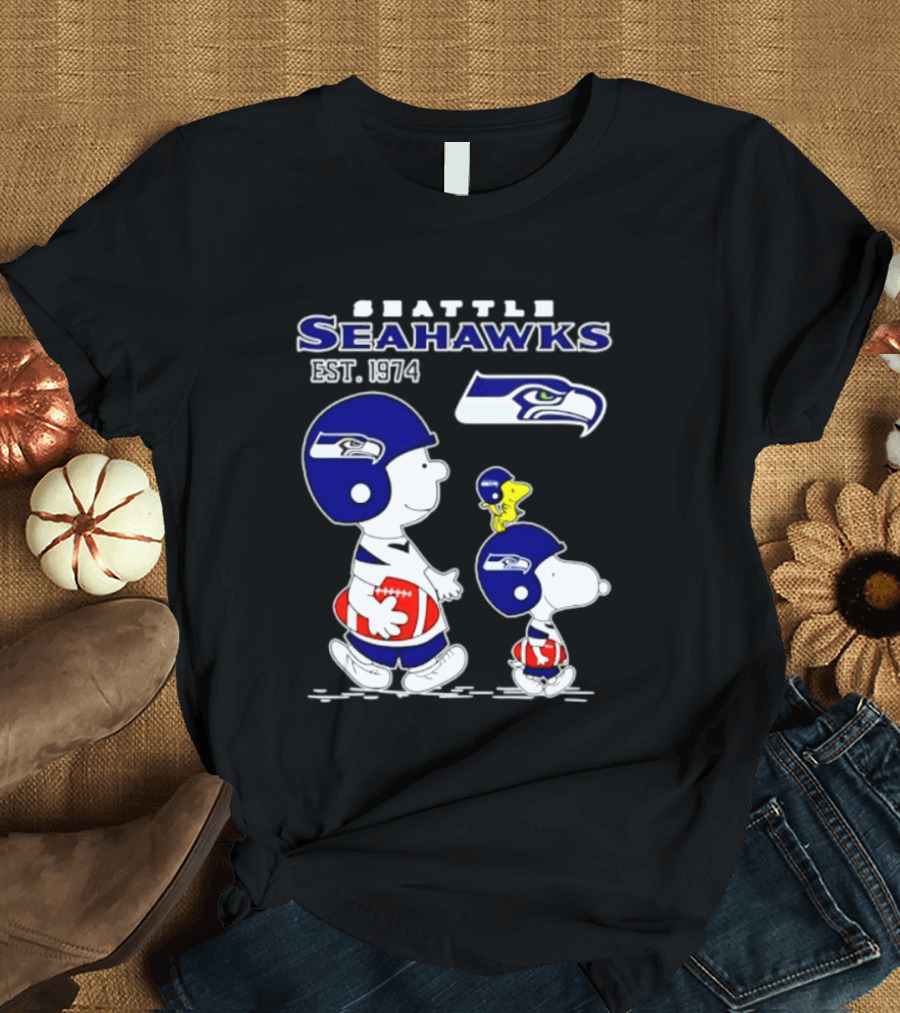 Seattle Seahawks Peanuts Snoopy Charlie Brown Est 1974 NFL T-Shirt