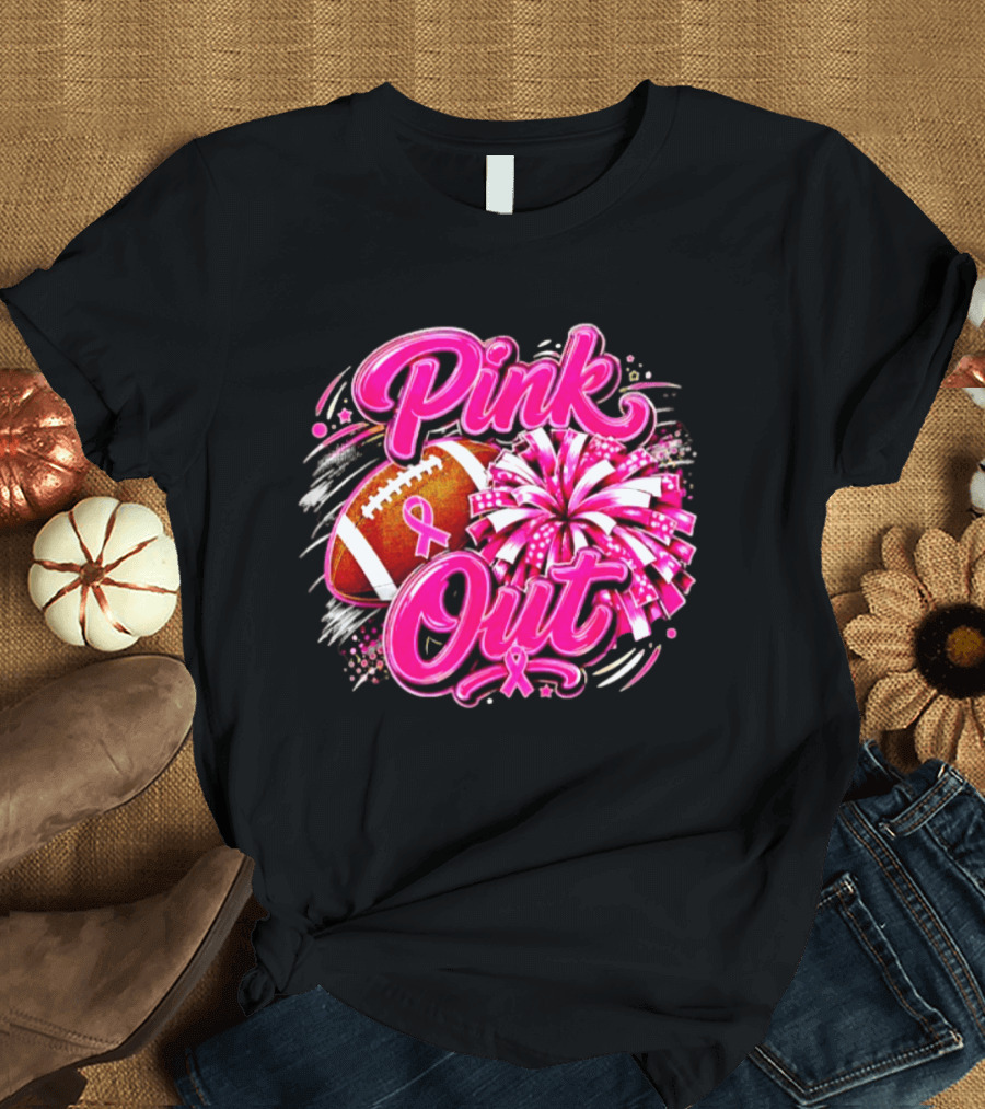 Pink Out Breast Cancer Awareness Football Cheerleading Pom Poms T-Shirt