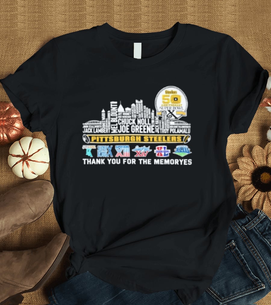 Pittsburgh Steelers Skyline 50th Anniversary Super Bowl Logos Thank You For The Memories T-Shirt