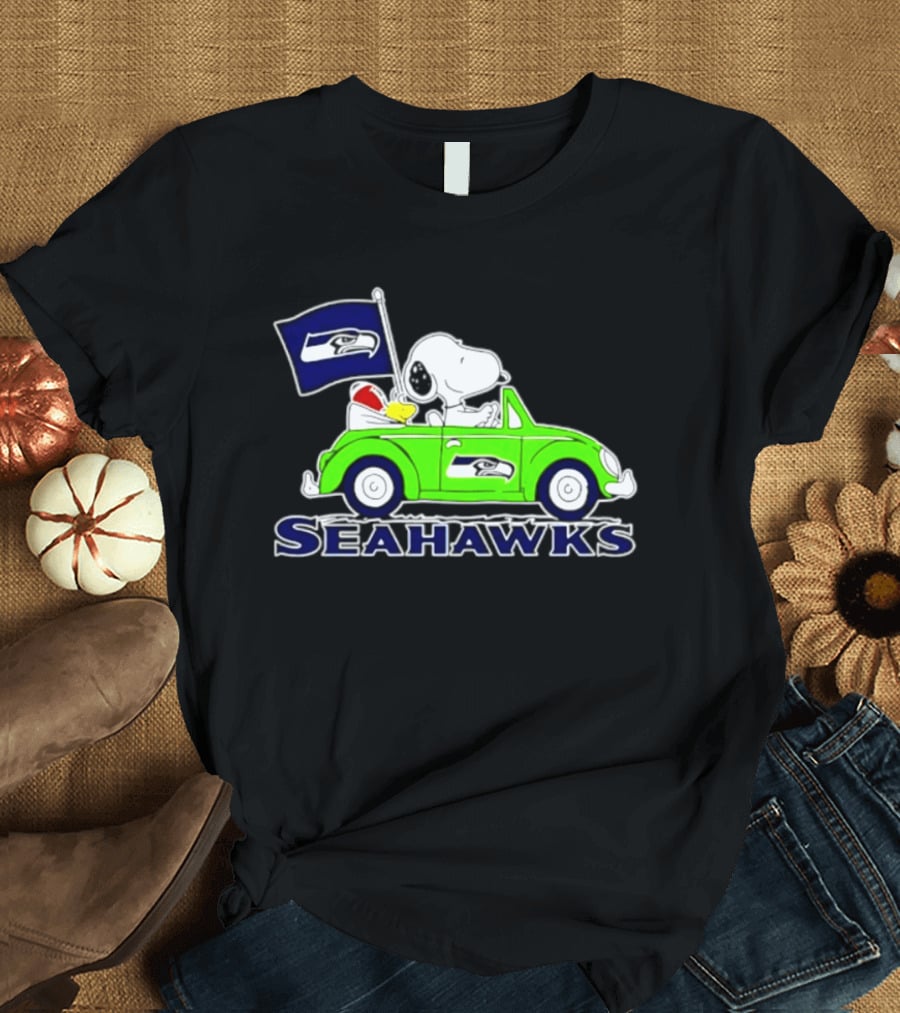 Snoopy In Volkswagen Beetle With Seattle Seahawks Flag 2026 Season T-Shirt