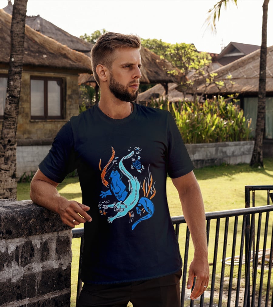 Swimming Otters Sea Life Ocean Nature Wildlife Playful Underwater Scene T-Shirt