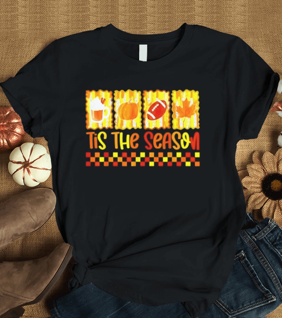 Tis The Season Pumpkin Coffee Football Leaf Halloween T-Shirt