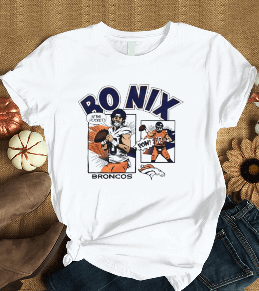 Bo Nix Broncos Comic Pow In The Pocket T-Shirt