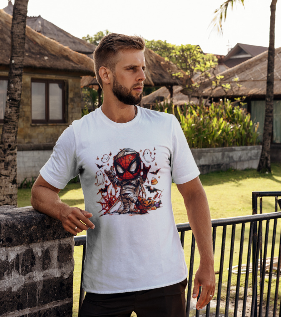 Spider Man Mummy Marvel Halloween Spidey Ghosts Bats Candy Corn Pumpkin T-Shirt