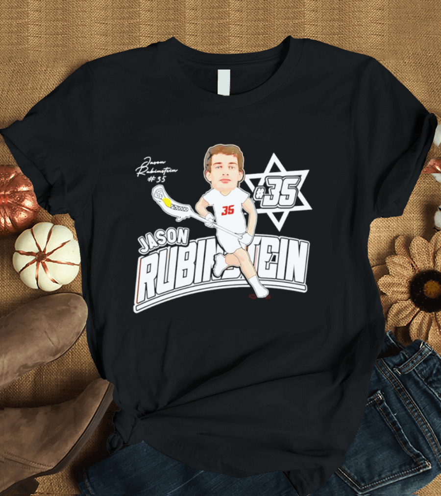 Jason Rubinstein Number 35 Lacrosse Jewish Star Caricature NCAA Rhodes T-Shirt