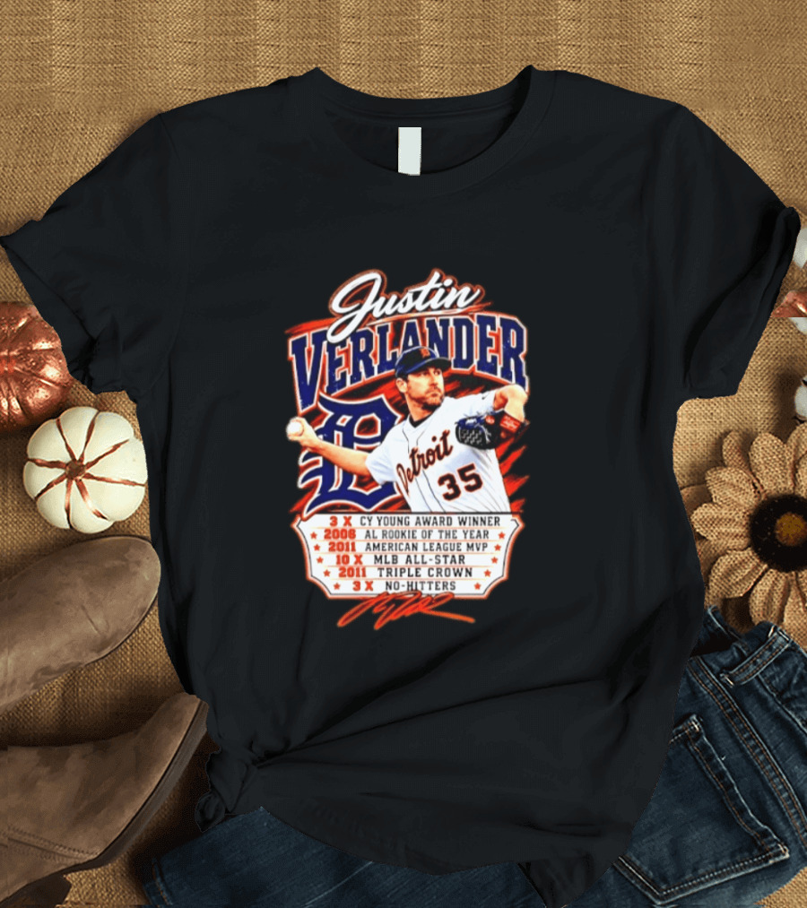 Justin Verlander Detroit Tigers Triple Crown 3x Cy Young 2011 MVP MLB All Star No Hitters T-Shirt