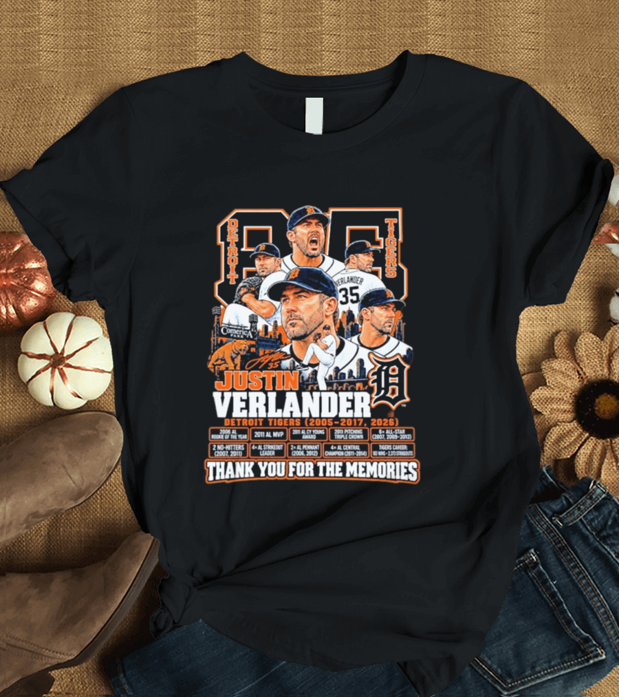 Detroit Tigers 35 Justin Verlander Thank You For The Memories 2005 2017 2026 T-Shirt