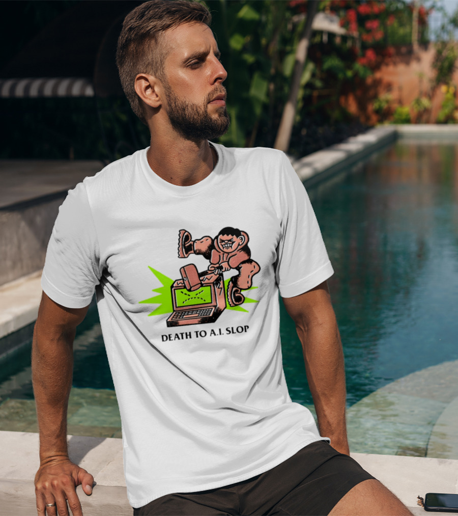 Death To AI Slop Digital Technology Revolution Sledgehammer Laptop Destruction T-Shirt