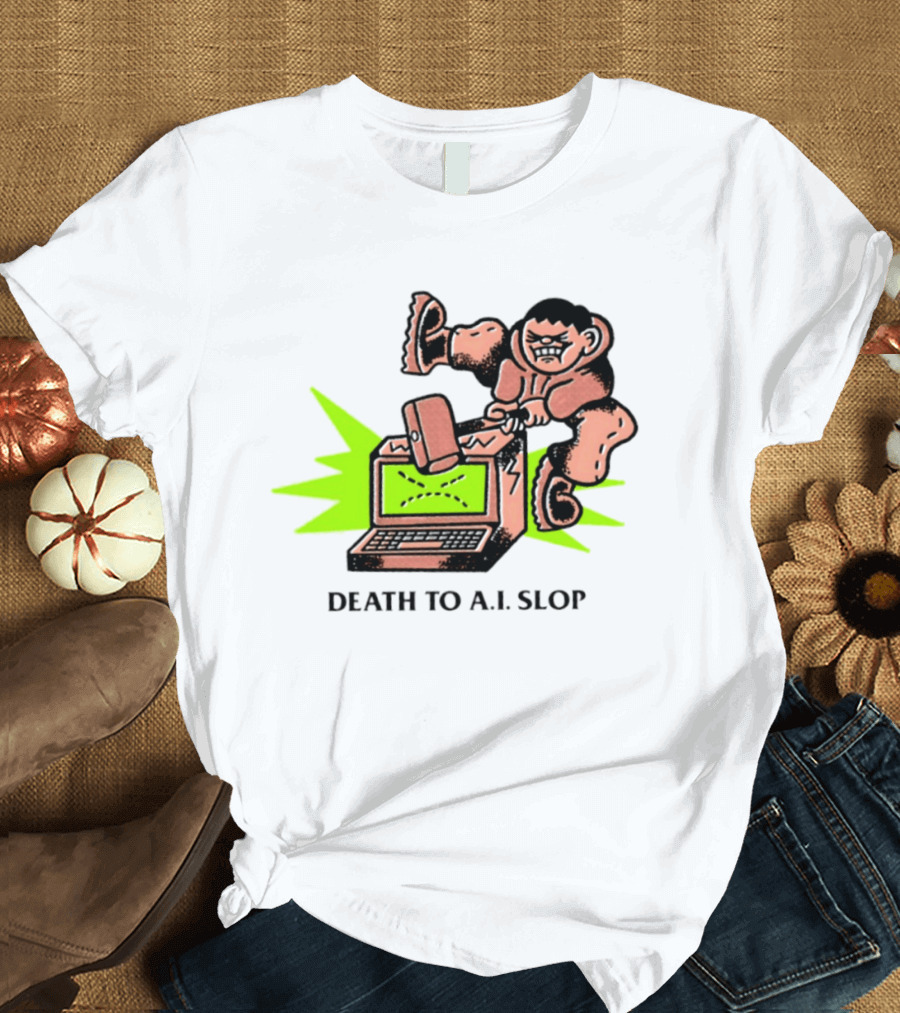 Death To AI Slop Digital Technology Revolution Sledgehammer Laptop Destruction T-Shirt