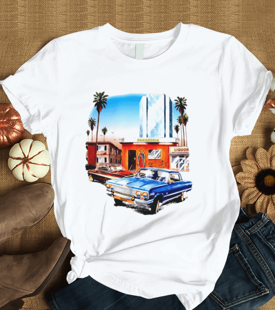 Panaderia Liquor Lowrider Scene With Vintage Cars And Palms T-Shirt