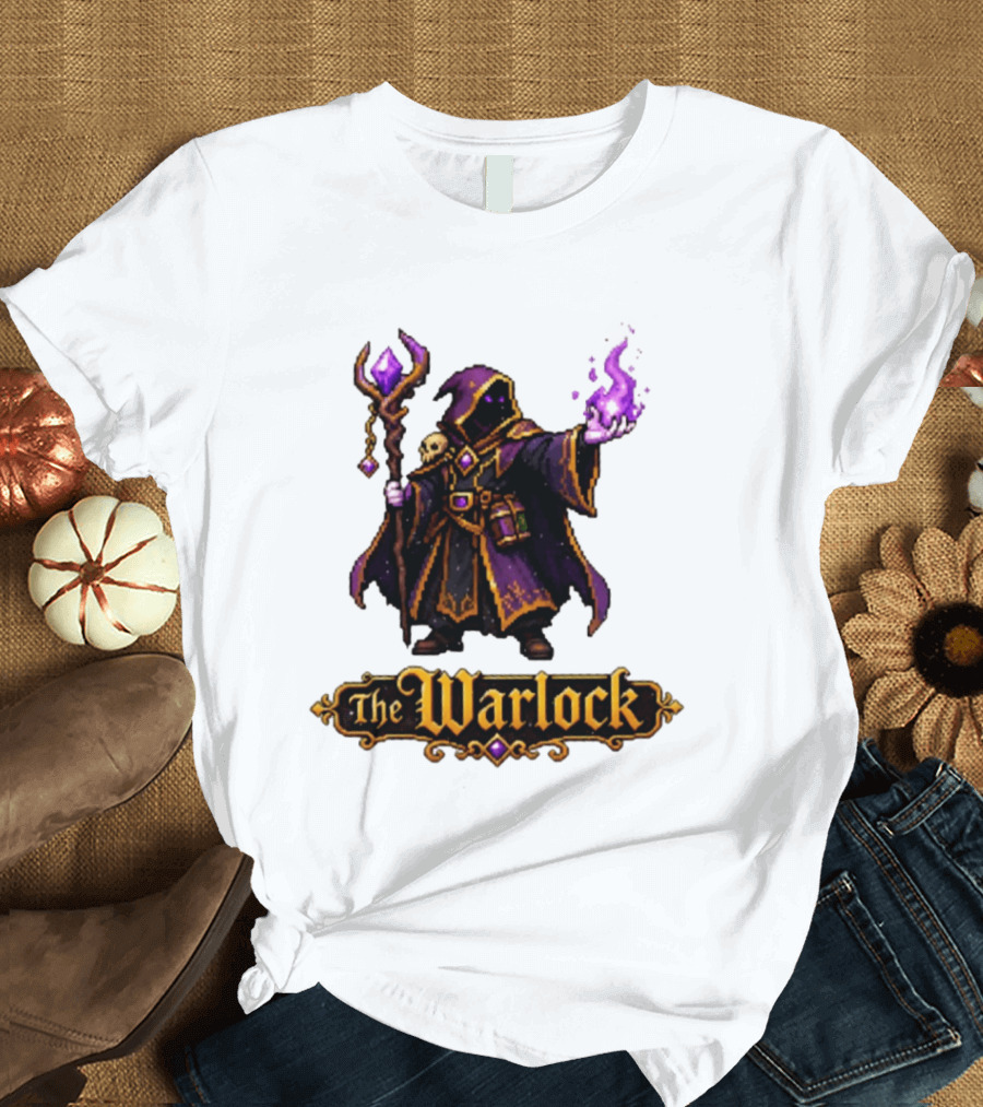 The Warlock Pixel Fantasy Mage RPG Cloaked Wizard With Staff And Magic Spell T-Shirt