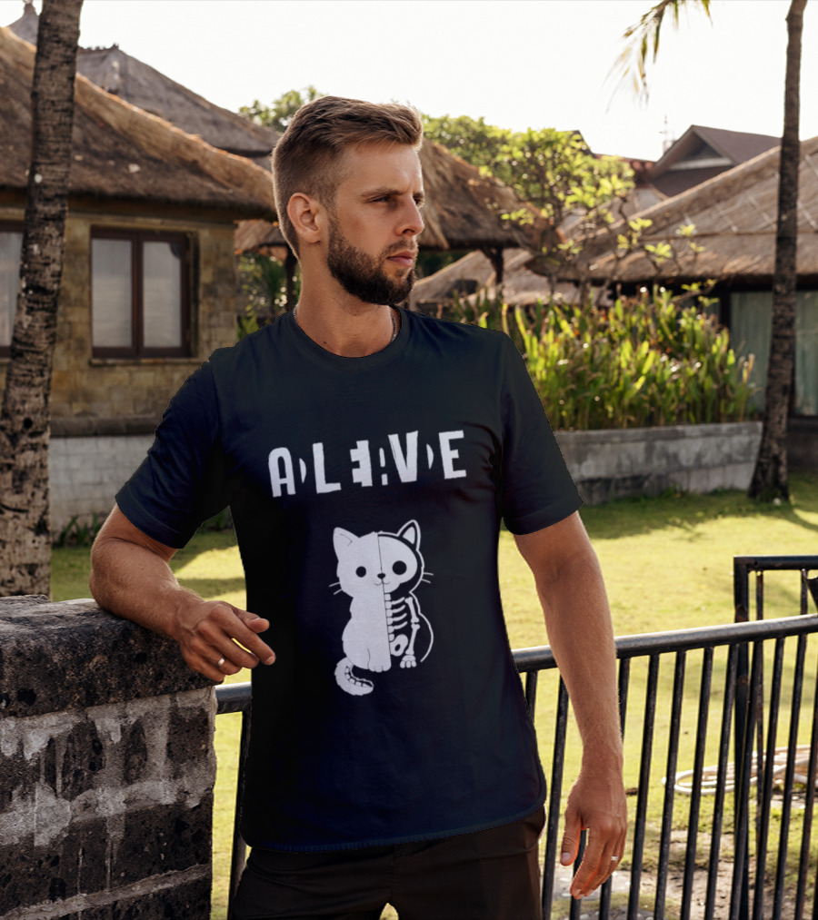 Alive Half Skeleton Cat Cute T-Shirt