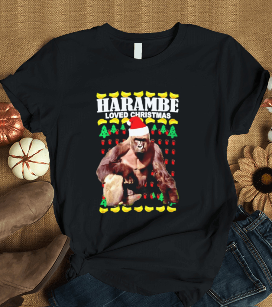Harambe Loved Christmas Gorilla In Santa Hat With Bananas And Trees T-Shirt