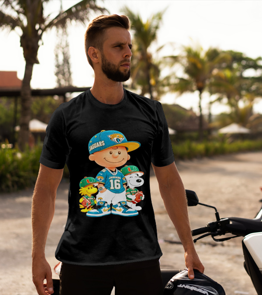Peanuts Charlie Brown Snoopy Woodstock Jacksonville Jaguars Miami Hurricanes Football Fan Gear T-Shirt