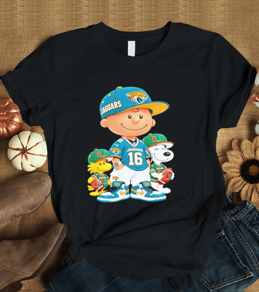 Peanuts Charlie Brown Snoopy Woodstock Jacksonville Jaguars Miami Hurricanes Football Fan Gear T-Shirt