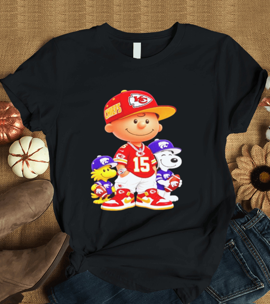 Charlie Brown Snoopy Woodstock Kansas City Chiefs 15 Football Peanuts Characters NFL Team Sports Gear T-Shirt