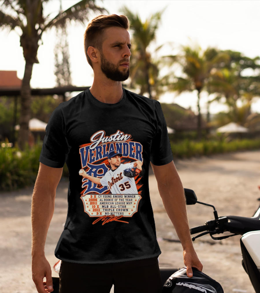 Justin Verlander Detroit Tigers Career 3x Cy Young Award Winner AL Rookie Of The Year 2011 American League MVP MLB All Star Triple Crown No Hitters T-Shirt
