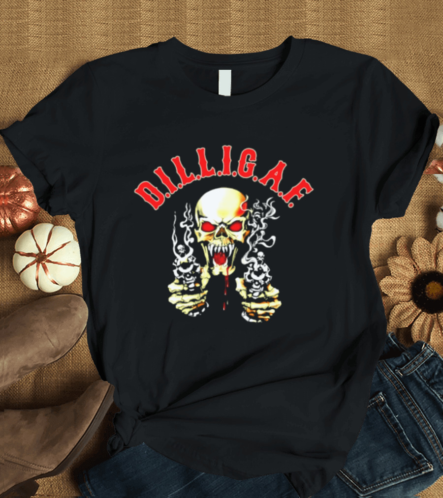 DILLIGAF Skull With Red Eyes Smoking Guns T-Shirt