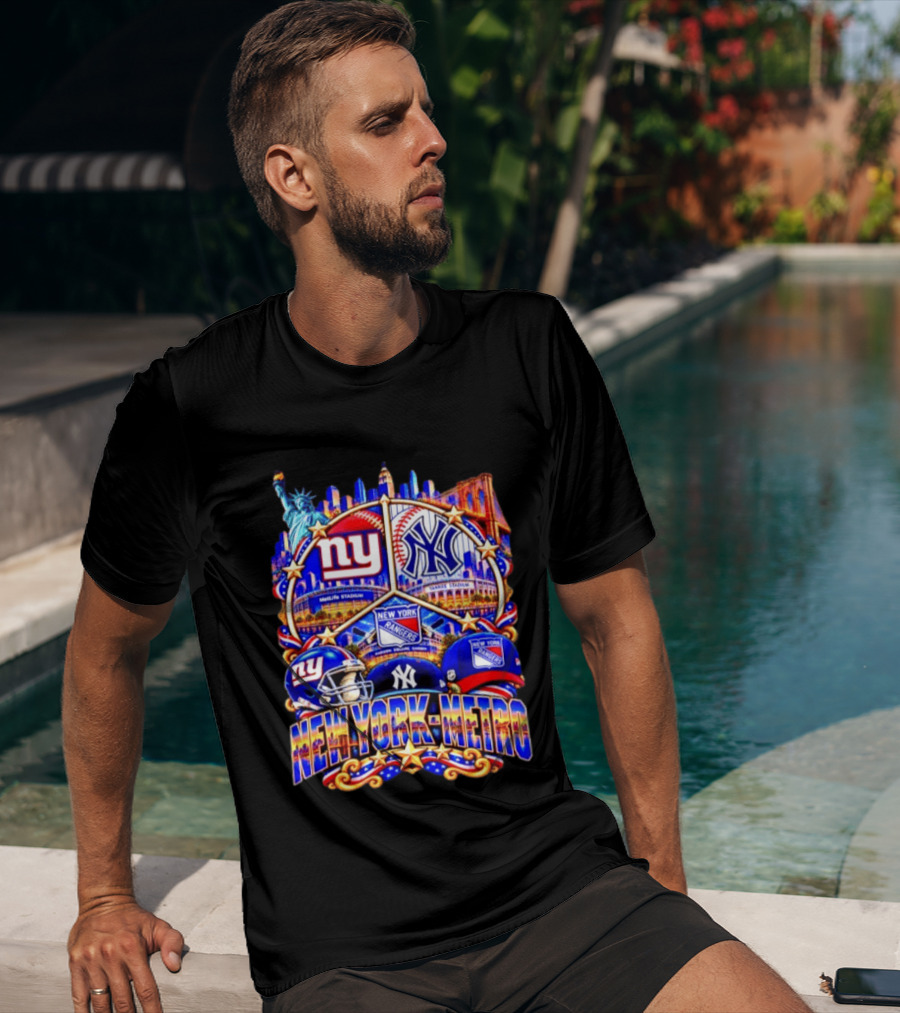 New York Metro Giants Yankees Rangers Skyline Stadium Statue Liberty T-Shirt