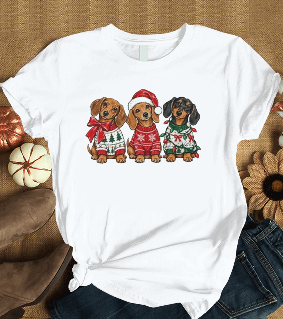Cozy Christmas Dachshund Trio In Festive Sweaters With Santa Hat T-Shirt