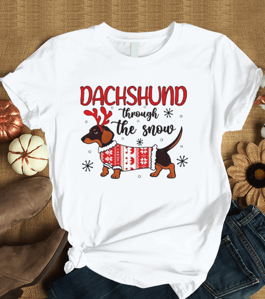 Dachshund Through The Snow Christmas Dog Lover Reindeer Antlers Winter Holiday Sweater T-Shirt
