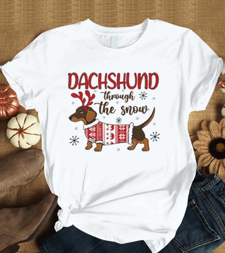 Dachshund Through The Snow Christmas Sweater Reindeer Antlers T-Shirt