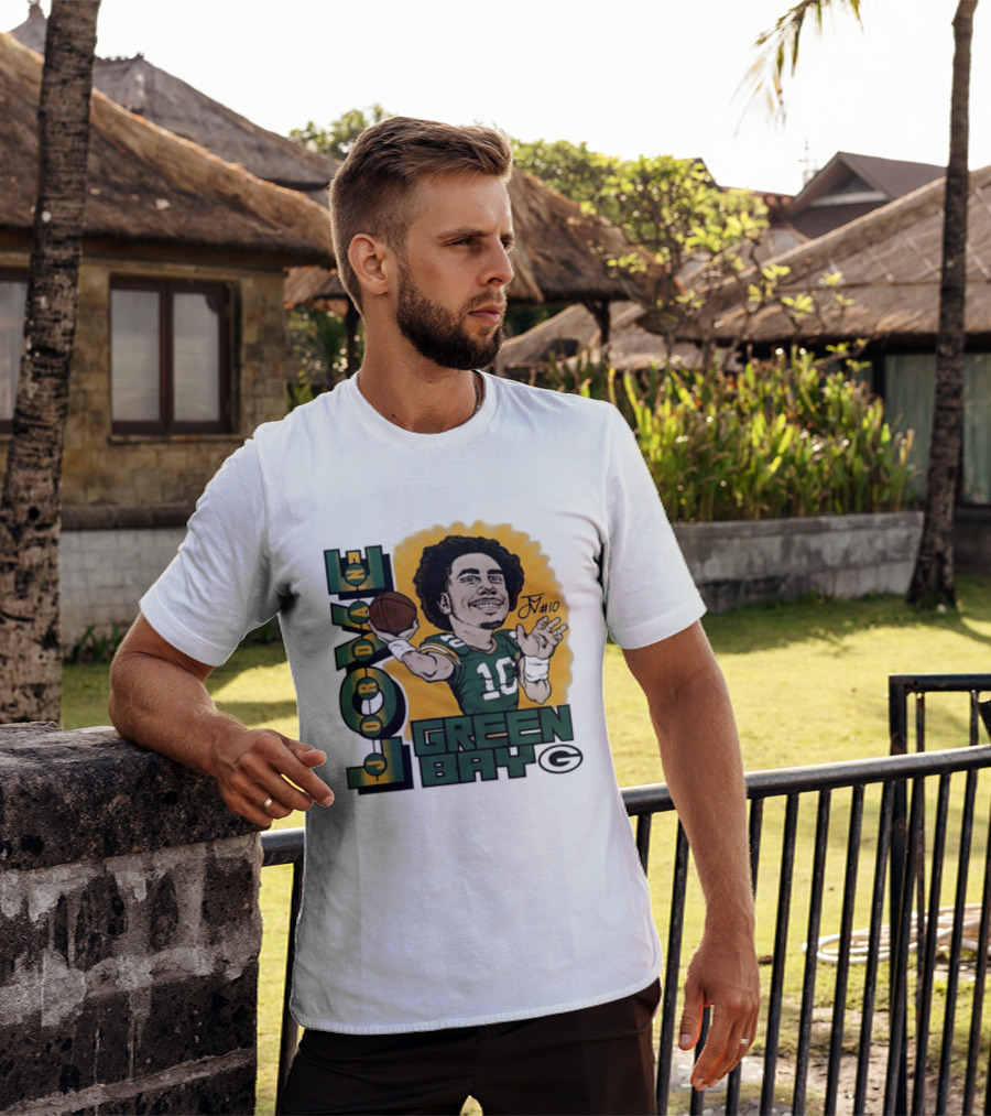 Green Bay Packers Jordan Love Caricature Player Number 10 Football T-Shirt
