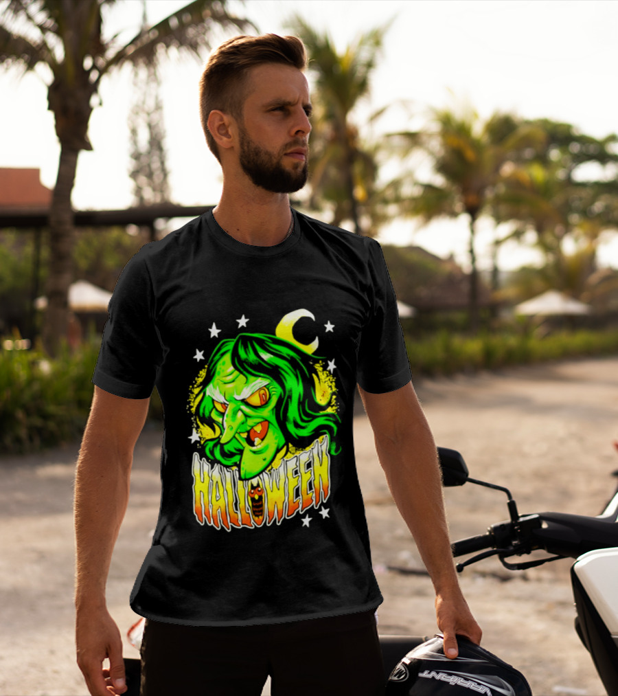 Halloween Witch Green Face Crescent Moon And Stars T-Shirt