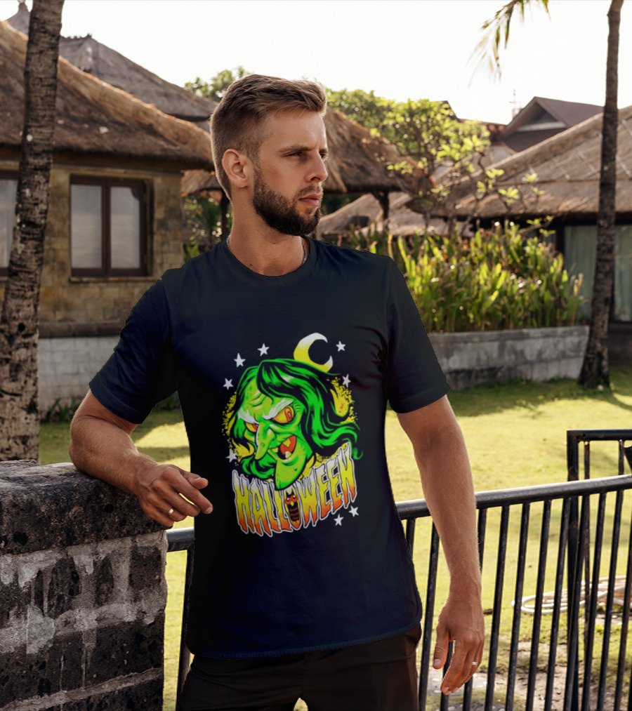 Halloween Witch Green Face Crescent Moon And Stars T-Shirt