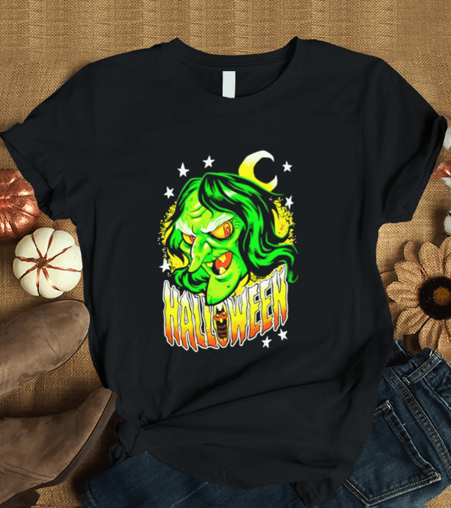 Halloween Witch Green Face Crescent Moon And Stars T-Shirt
