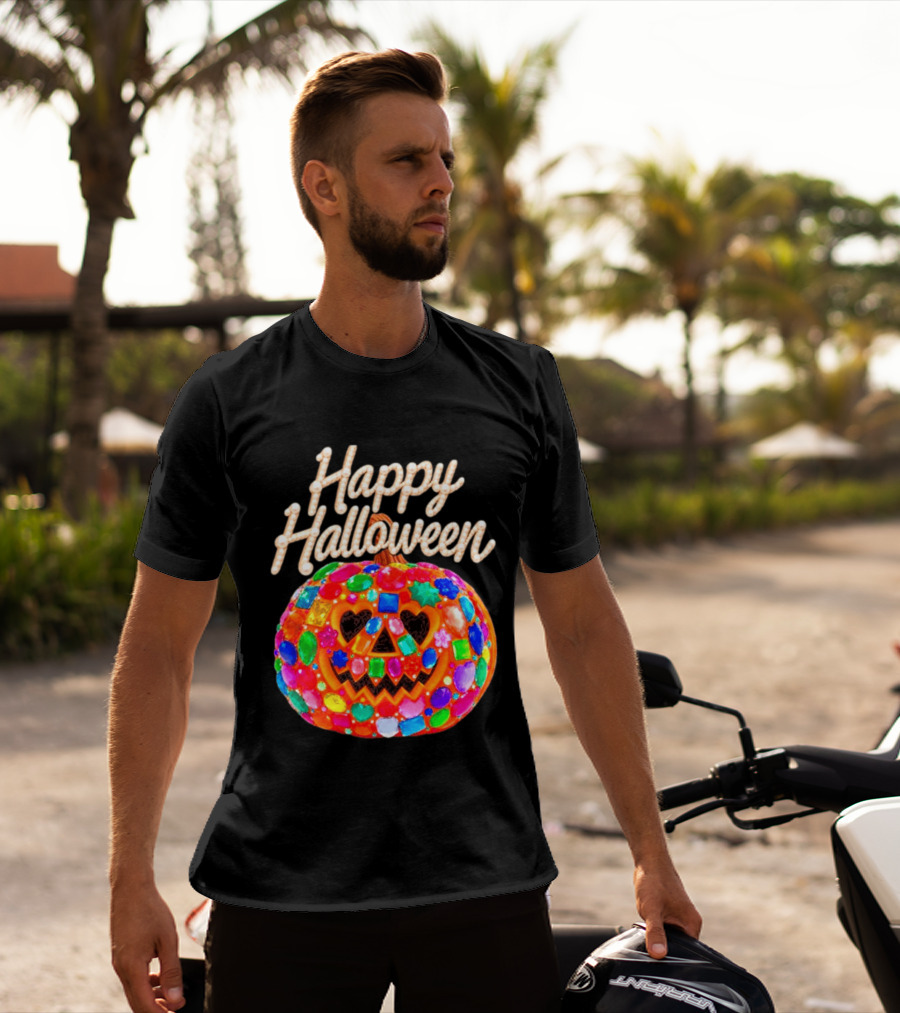 Happy Halloween Colorful Candy Gem Pumpkin Mask T-Shirt