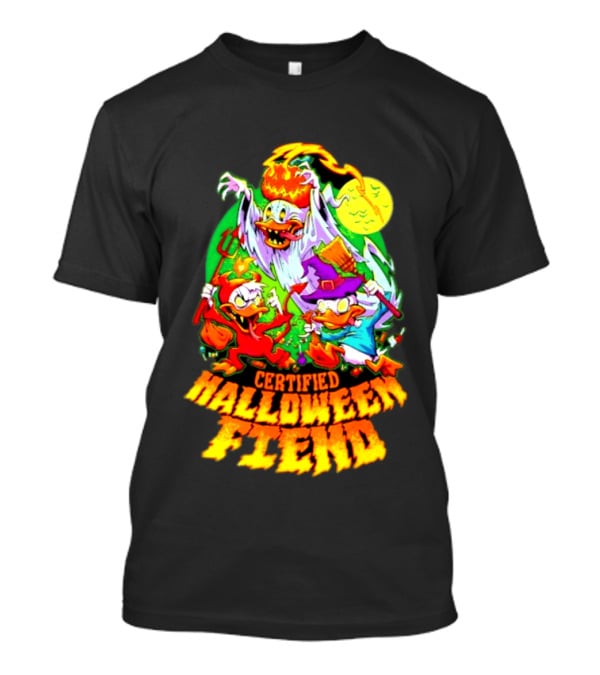 Certified Halloween Fiend Donald Duck Huey Dewey Louie Ghost Witch Devil Moon Scene T-Shirt