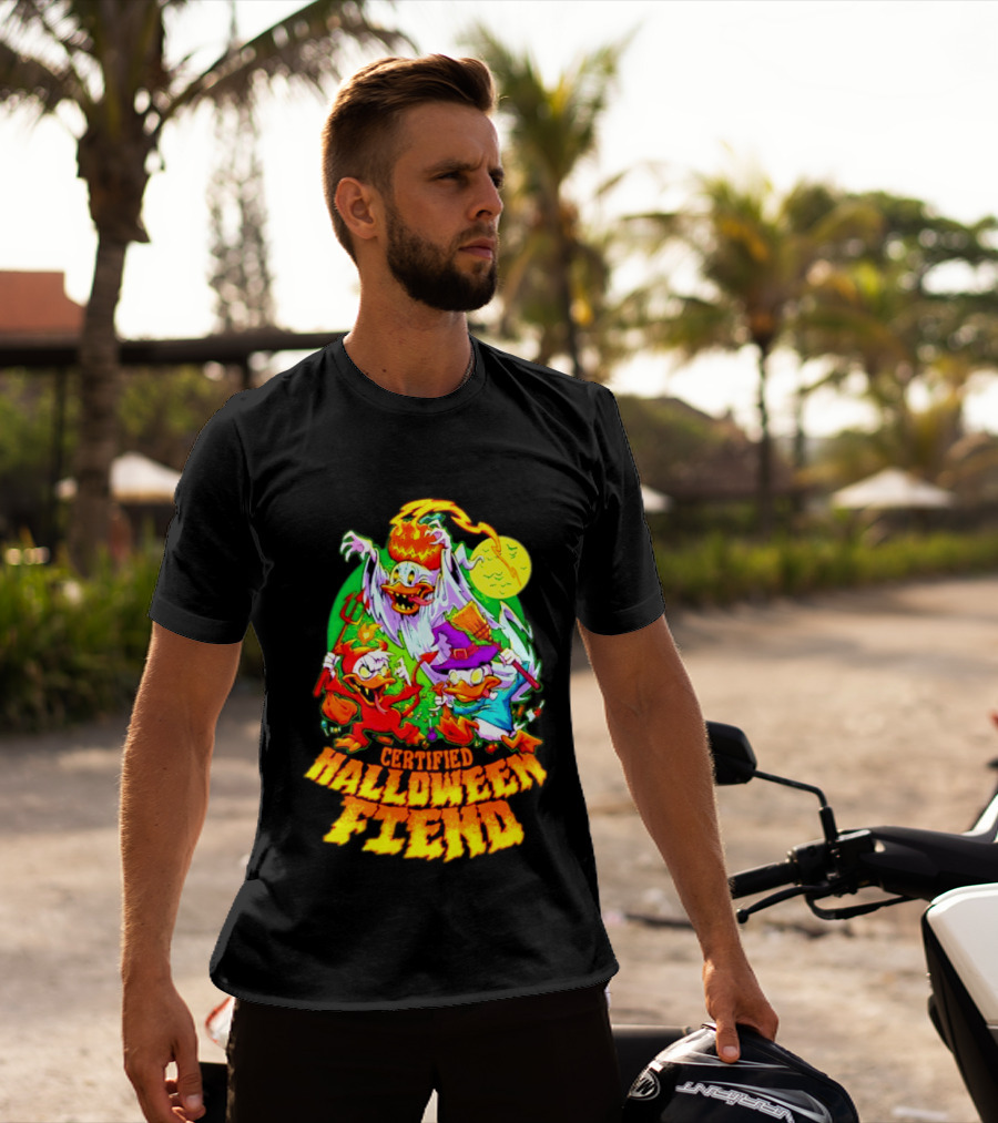 Certified Halloween Fiend Donald Duck Huey Dewey Louie Ghost Witch Devil Moon Scene T-Shirt