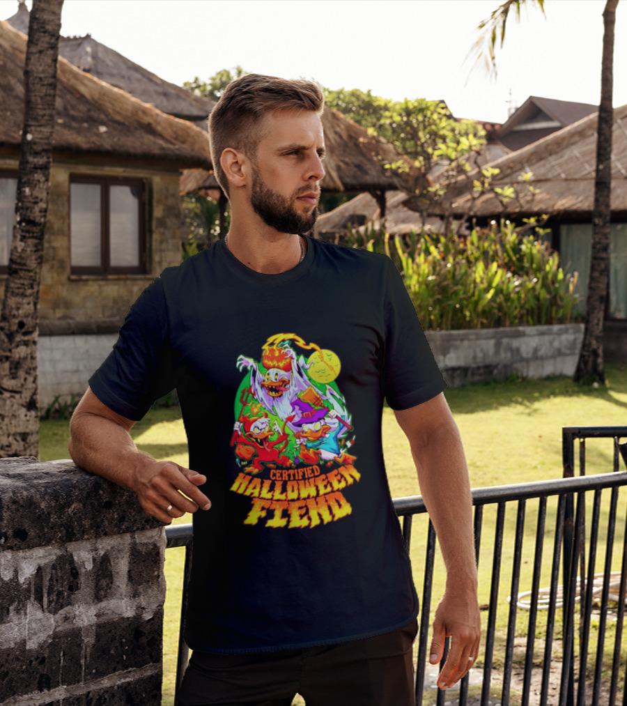 Certified Halloween Fiend Donald Duck Huey Dewey Louie Ghost Witch Devil Moon Scene T-Shirt