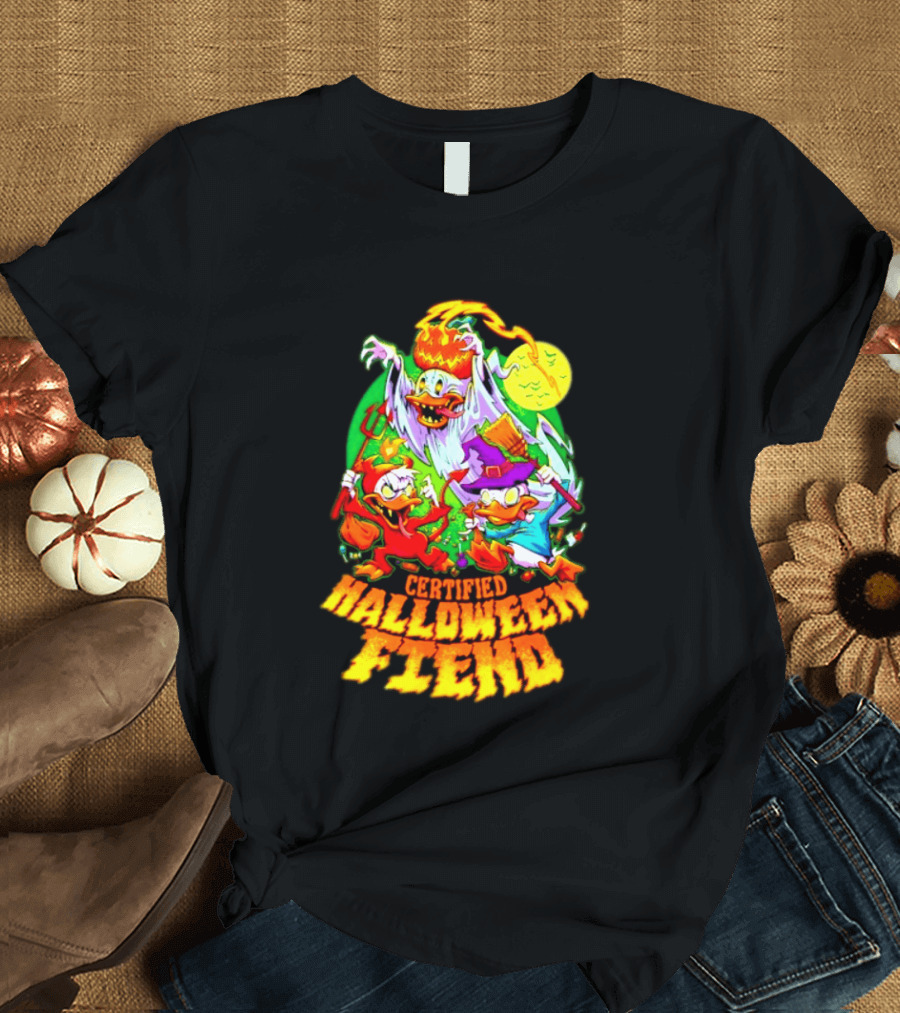 Certified Halloween Fiend Donald Duck Huey Dewey Louie Ghost Witch Devil Moon Scene T-Shirt