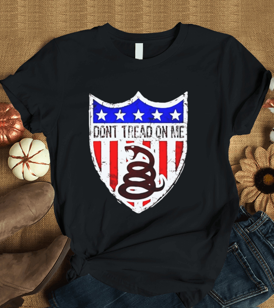 Dont Tread On Me American Flag Shield Gadsden Snake T-Shirt