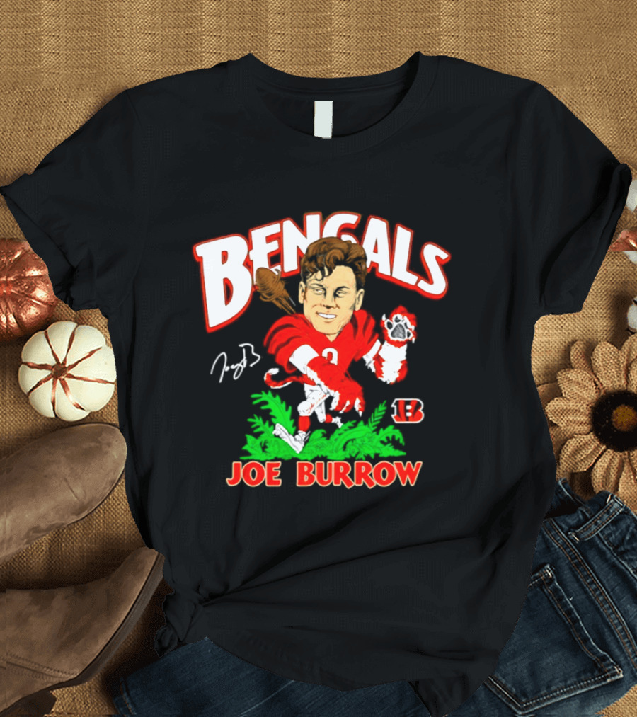 Bengals Joe Burrow Cartoon Signature B Football Player T-Shirt