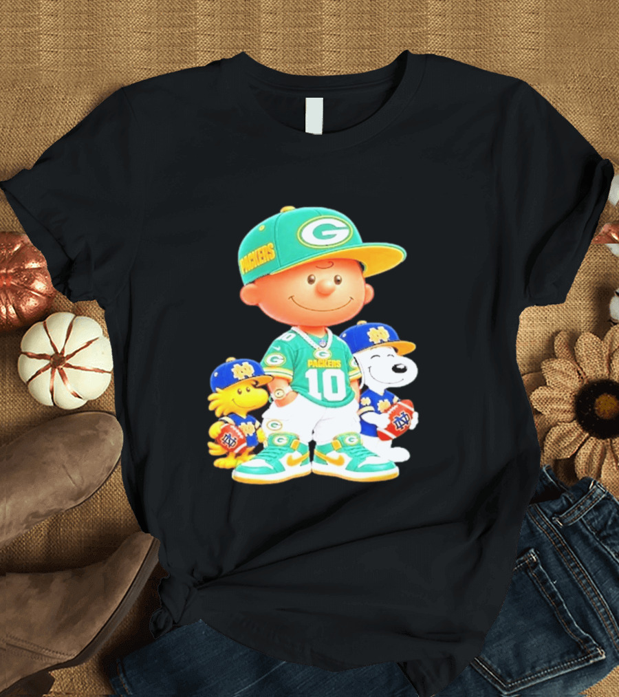 Peanuts Green Bay Packers Notre Dame Fighting Irish Football Characters Charlie Brown Snoopy Woodstock T-Shirt