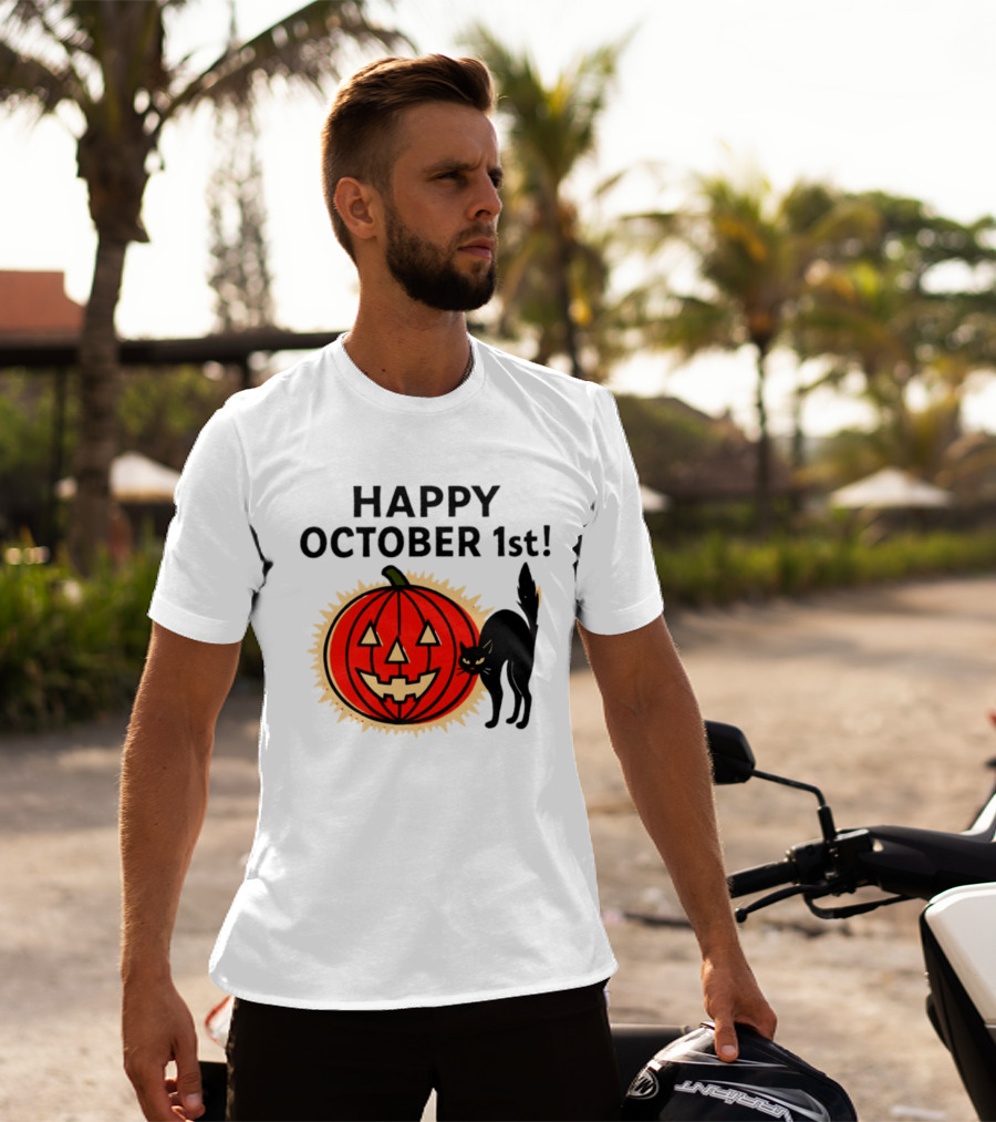 Happy October 1st Pumpkin Black Cat Halloween Celebration T-Shirt