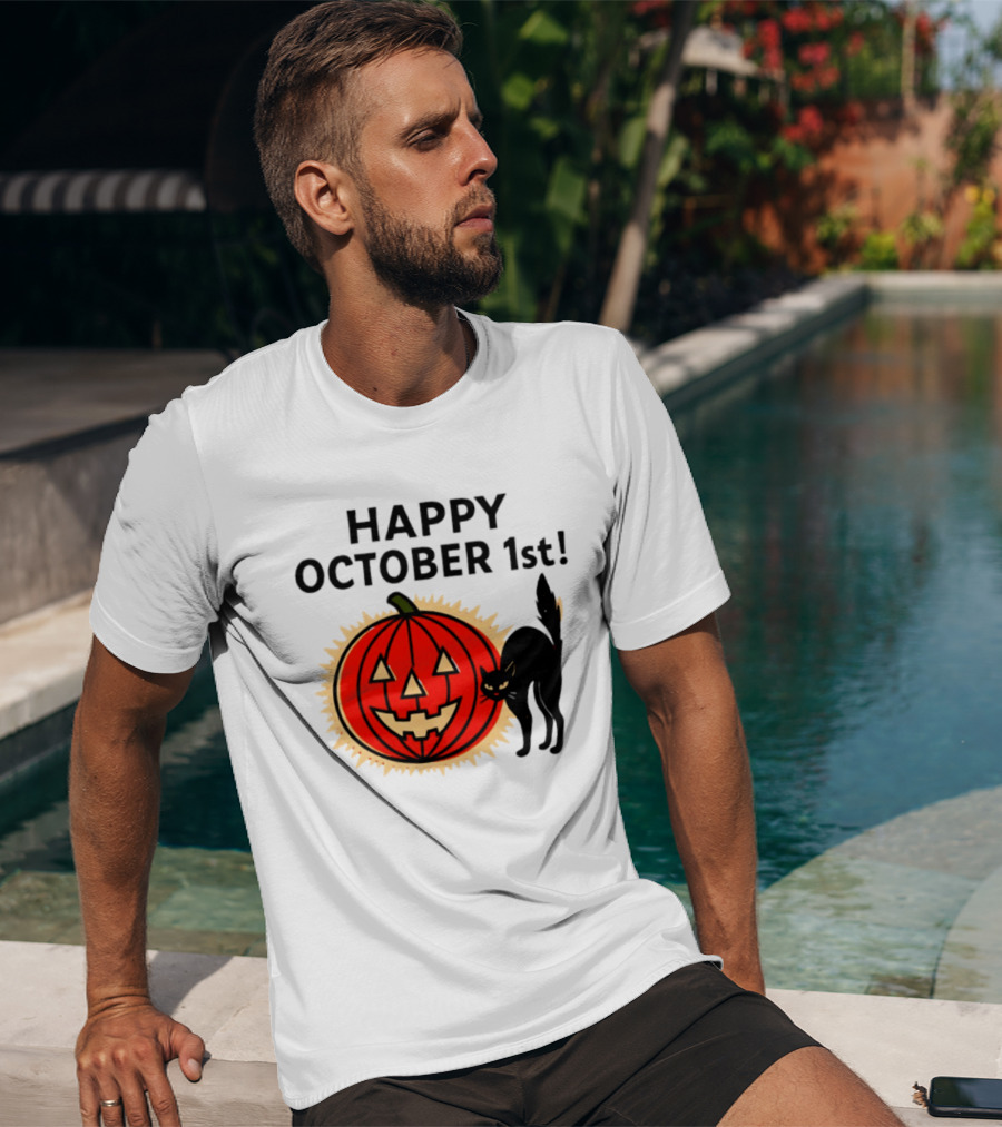 Happy October 1st Pumpkin Black Cat Halloween Celebration T-Shirt